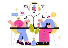 Podcasting Concept Illustration of a Host and Guest Engaged in a Recorded Conversation vector