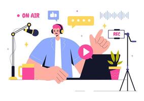 Podcast Illustration of a Host and Guest Recording an Online Show with Microphones vector