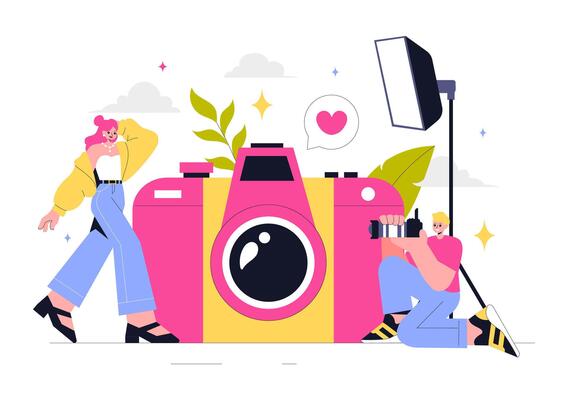 Photography Illustration Featuring a Camera and Accessories in a Creative Flat Style