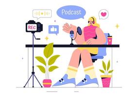 Illustration of a Podcast Show with Headset Users and Audio Recording Setup vector