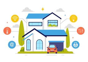 Illustration of a Smart Home with Wireless Automation System and Connected Devices vector