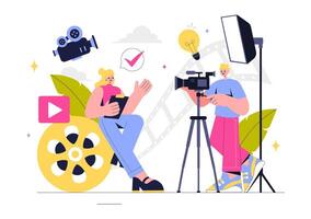 Digital Filmmaking Illustration with Camera Setup, Editing Software, and Studio Lights vector