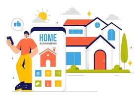 Smart Home Automation Illustration with IoT-Controlled Devices in a Flat Style Background vector
