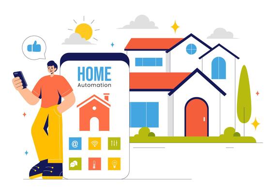 Smart Home Automation Illustration with IoT-Controlled Devices in a Flat Style Background