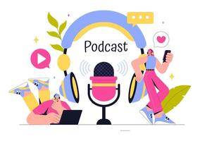 Illustration of an Online Podcast with a Host and Guest Wearing Headsets vector