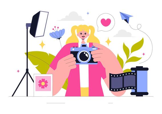 Flat Style Illustration of a Camera and Accessories for Photography Enthusiasts, Travel, and Adventure