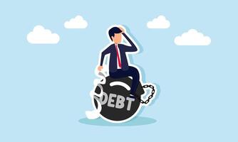 Businessman holds a bill and is chained to an iron weight labeled DEBT, illustration of being trapped and burdened by debt and pay-later commitments vector