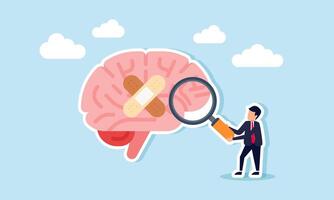 Businessman holds a magnifying glass examining a brain with a bandage due to injury, illustration of critical thinking evaluation related to business ideas vector