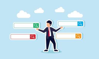 Businessman shows multiple search engines in various colors, illustration of selecting the right search engine to support business vector