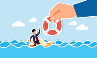 A hand holds a lifebuoy intending to save a businessman sinking with a boat in the middle of the ocean, illustration of rescuing a business partner from bankruptcy vector