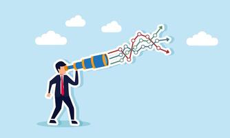 Businessman holds a telescope observing multiple colored graphic lines, illustration of monitoring competitor performance in capturing business market share vector