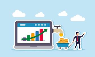 Businessman carries a bucket cart to collect coins flow from a water faucet on a laptop display a rising chart, illustration of profit and revenue from rapidly growing business performance vector