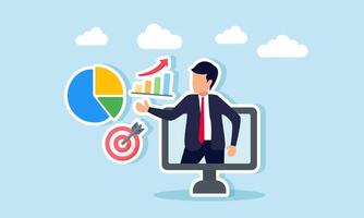 Businessman appears on a computer monitor presenting a pie chart, bar chart, and target board, illustration of a virtual assistant optimizing business tasks for accurate target achievement vector