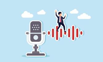 Businessman feels happy standing on a sound wave coming from a microphone, illustration of freedom of speech in expressing opinions, suggestions, and criticism vector
