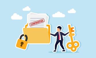 Businessman holds a key and stands next to a locked folder containing documents labeled CONFIDENTIAL, illustration of business company document confidentiality vector