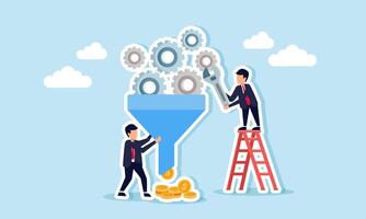 Businessmen collaboration to repair machine gears use a wrench, while another holds a funnel shaped tool produce dollar coins, illustration of recovery of business performance vector