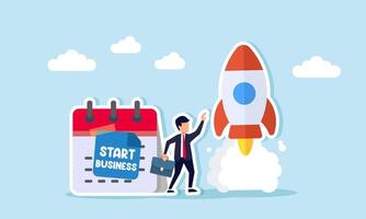Businessman stands next to a calendar with a START BUSINESS sticker, watching a rocket launch, illustration of launching a business or introducing it to the market vector