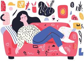 girl relaxing on red sofa, surrounded by colorful abstract shapes and plants, conveying sense of comfort and creativity vector