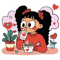 girl with curly hair enjoys warm drink, surrounded by heart motifs and plants, creating cozy and cheerful atmosphere vector