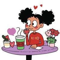 girl enjoying coffee at table with flowers and plants, expressing joy and love. scene is colorful and cheerful, perfect for cozy atmosphere vector