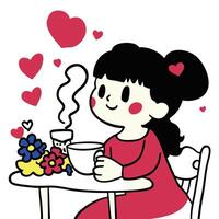 girl enjoying cup of coffee at table with flowers, surrounded by hearts. scene conveys warmth and happiness vector
