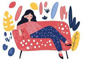 girl relaxing on colorful sofa surrounded by abstract plants and shapes, conveying sense of comfort and creativity vector