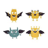 Set of Winged Funny Crazy Ugly Monster Cartoon Character with Humor Happy Expression vector