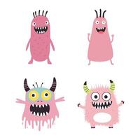 Set of Pink Cute Crazy Ugly Monster Mascot Cartoon Character with Humor Happy Expression vector