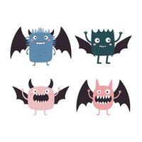Set of Winged Cute Crazy Ugly Monster Cartoon Character with Happy Expression vector