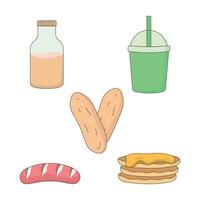 Food and Beverage Set of Baguette Bread Sausage Pancake Drink vector