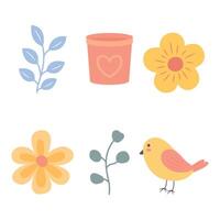Elements Set of Bird with Blossom Natural Flower Floral Botany and Pot in the Garden vector
