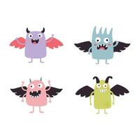 Set of Winged Cute Crazy Ugly Monster Cartoon Character with Humor Expression vector