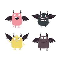 Set of Winged Cute Crazy Ugly Monster Mascot Character with Humor Happy Expression vector