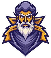 Stylized mascot logo, fierce bearded old man, wizard character, purple and gold color scheme, sharp angular design, stern expression, intense eyes vector