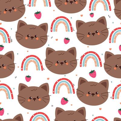 seamless pattern cute cartoon cat with rainbow and strawberry. cute animal pattern for wallpaper, background and gift wrap paper