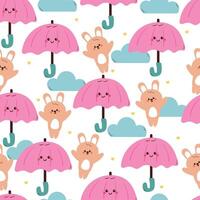 seamless pattern cute cartoon bunny with umbrella and sky element. cute animal drawing for wallpaper, pattern, background vector