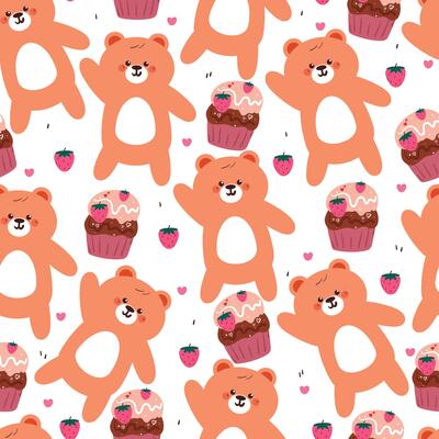 seamless pattern cute cartoon bear with strawberry cupcake. cute animal pattern for wallpaper, background and gift wrap paper