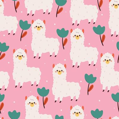 seamless pattern cute cartoon llama an flower. cute animal drawing for wallpaper, pattern, background