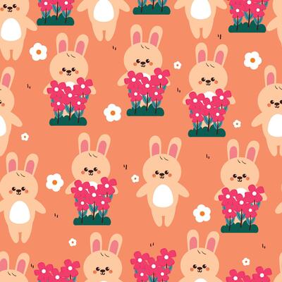 seamless pattern cute cartoon white bunny with flower. cute animal drawing for wallpaper, pattern, background