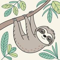 Cute sloth on branch flat picture vector