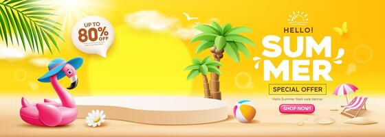 Summer sale podium display, Pink flamingo inflatable swimming pool, coconut trees, pile of sand, beach umbrella, banner design, cloud and sky on yellow background vector