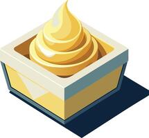 Isometric soft serve ice cream, yellow vanilla swirl, square paper container, minimalist design, clean lines, pastel colors, soft shadows, art style vector
