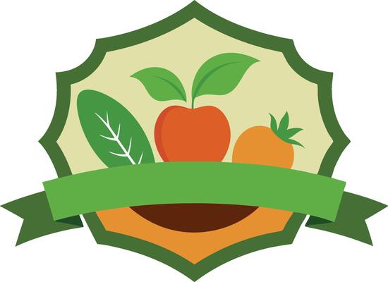 Emblem design, fresh produce logo, green shield shape, apple and orange icons, leafy vegetable, organic food symbol