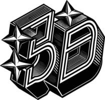 3D typography, bold geometric letters, black and white design, isometric perspective, sharp edges, star accents, optical illusion, dynamic composition, graphic art vector