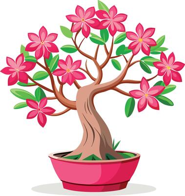 Bonsai tree, pink flowers, green leaves, brown trunk, curved branches, pink po