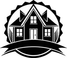 Black and white logo, simple house design, architectural silhouette, stylized home icon, circular emblem, jagged border vector