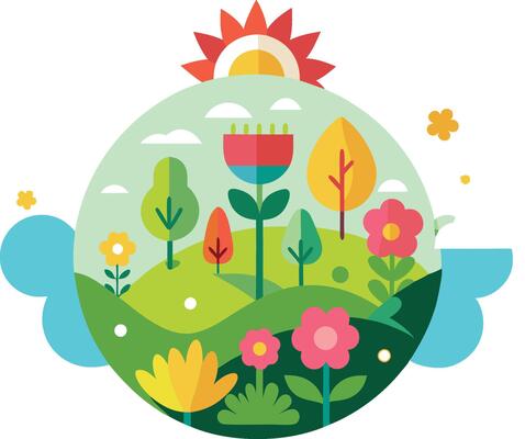 Cute cartoon nature scene, circular composition, colorful flat design, stylized flowers and trees, rolling hills, fluffy clouds, rising sun