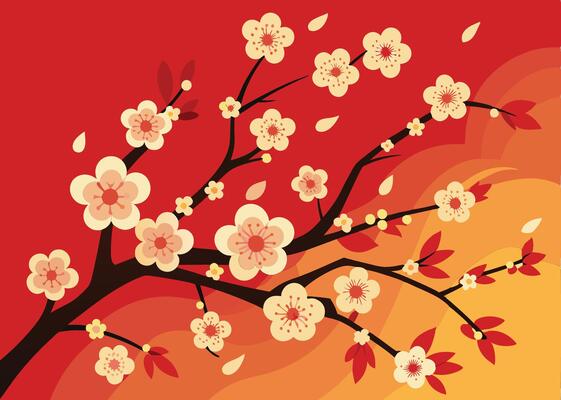 Cherry blossom branch, Japanese art style, vibrant red and orange background, stylized floral illustration, gradient colors