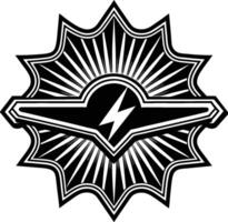Black and white emblem, lightning bolt symbol, star-shaped design, radiating lines, geometric pattern vector