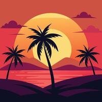 Tropical sunset landscape, palm tree silhouettes, large sun, vibrant gradient sky, warm colors, minimalist art style, illustration, flat design vector